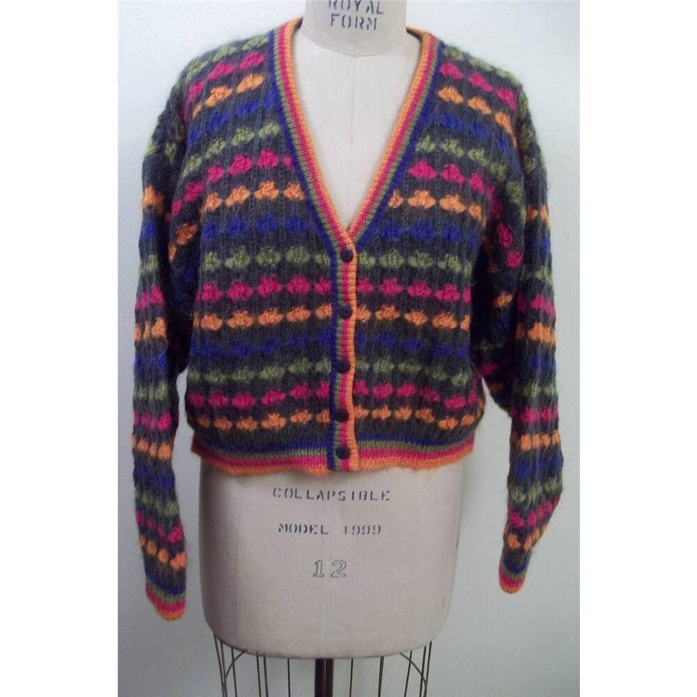 Mexx Gray & Multi-colored Mohair Blend Button Front Cropped Cardigan Sweater M